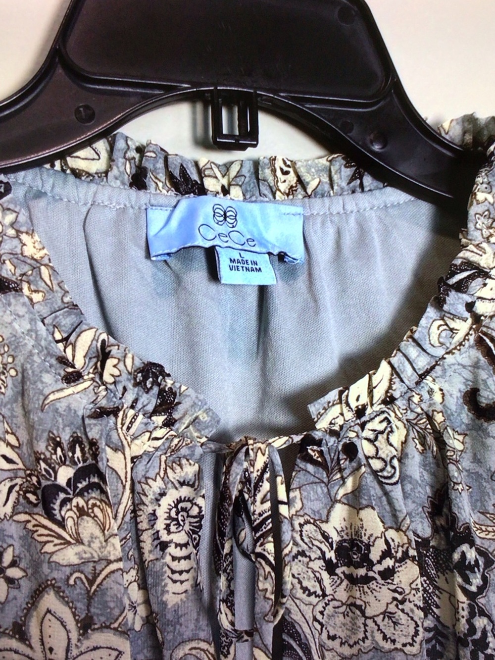 CeCe Blue Floral Tie-Neck Long Sleeve Blouse - Picture 4 of 8